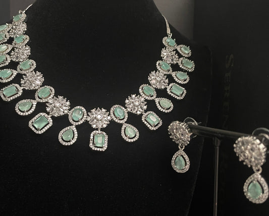 Silver and Light Green American Diamond style Necklace set