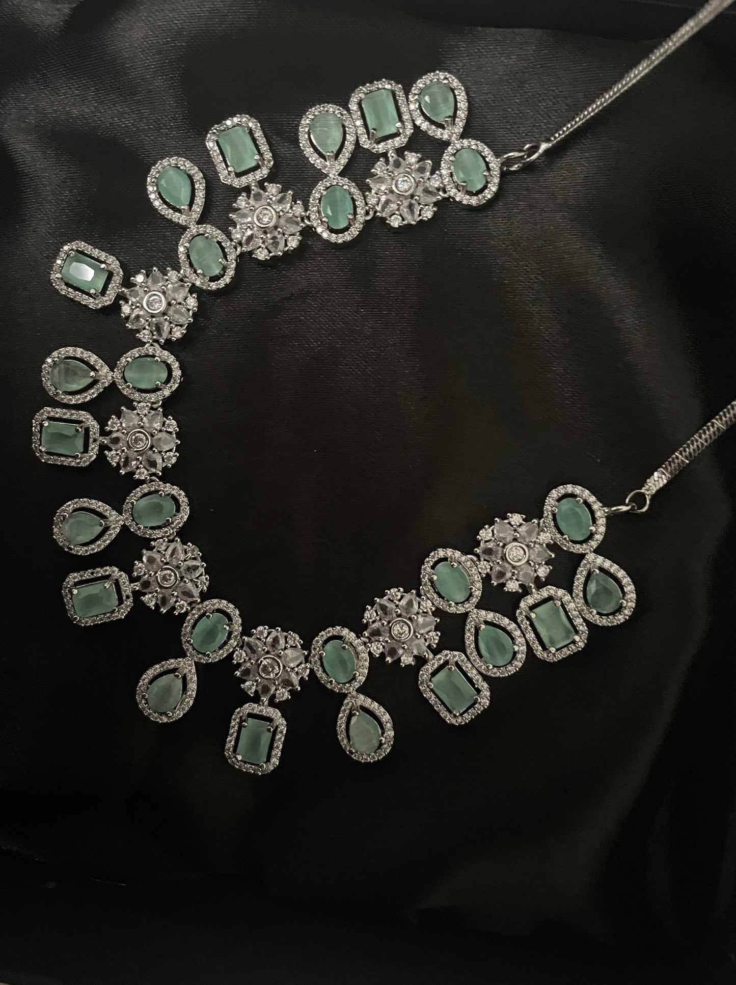 Silver and Light Green American Diamond style Necklace set