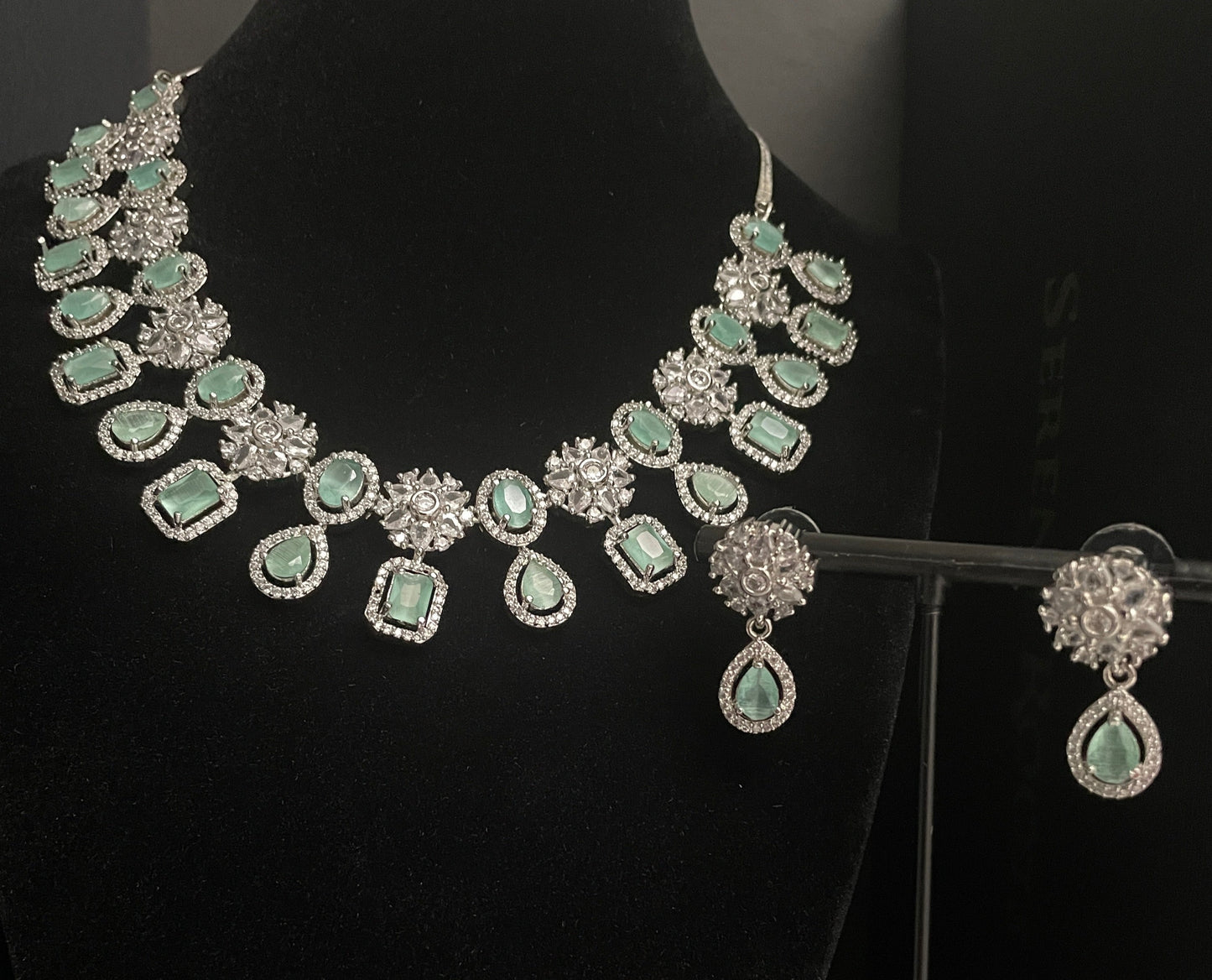 Silver and Light Green American Diamond style Necklace set