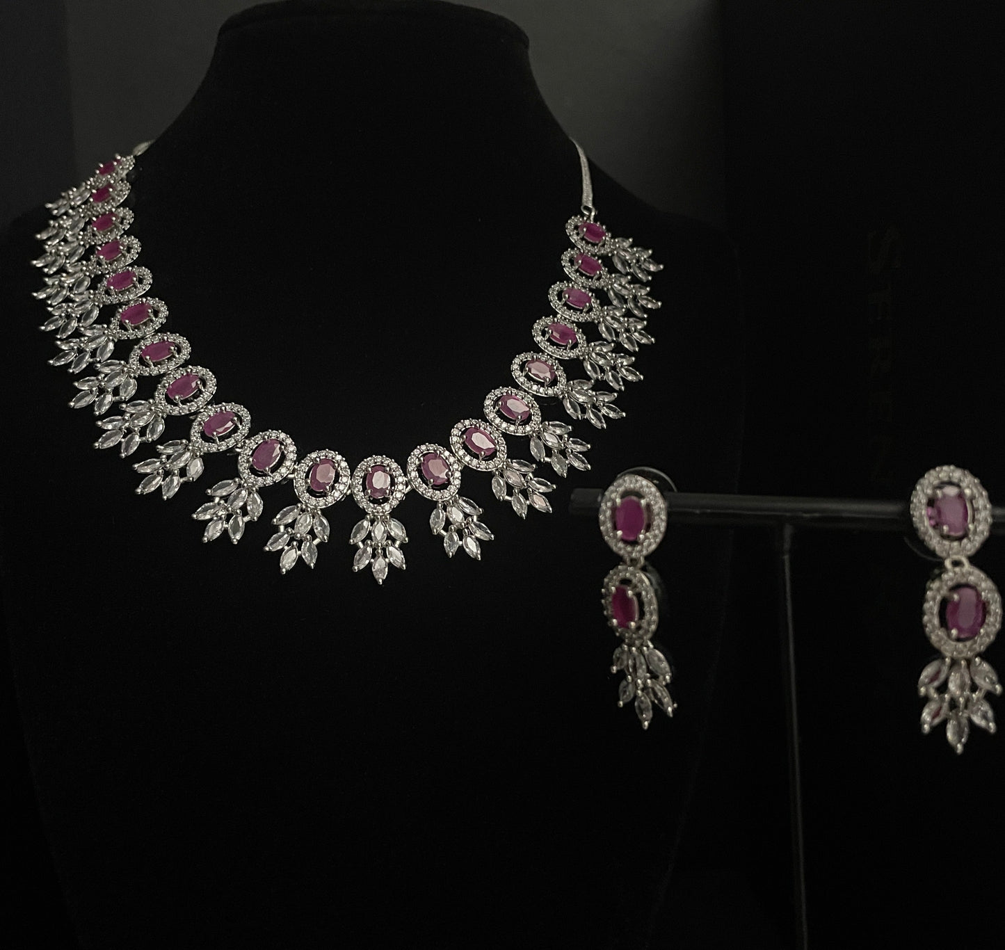 Silver and Ruby American Diamond style Necklace set