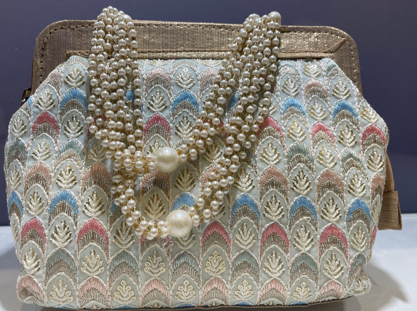 White - Silk Traditional Ethnic Potli Bag with Pearl Handle