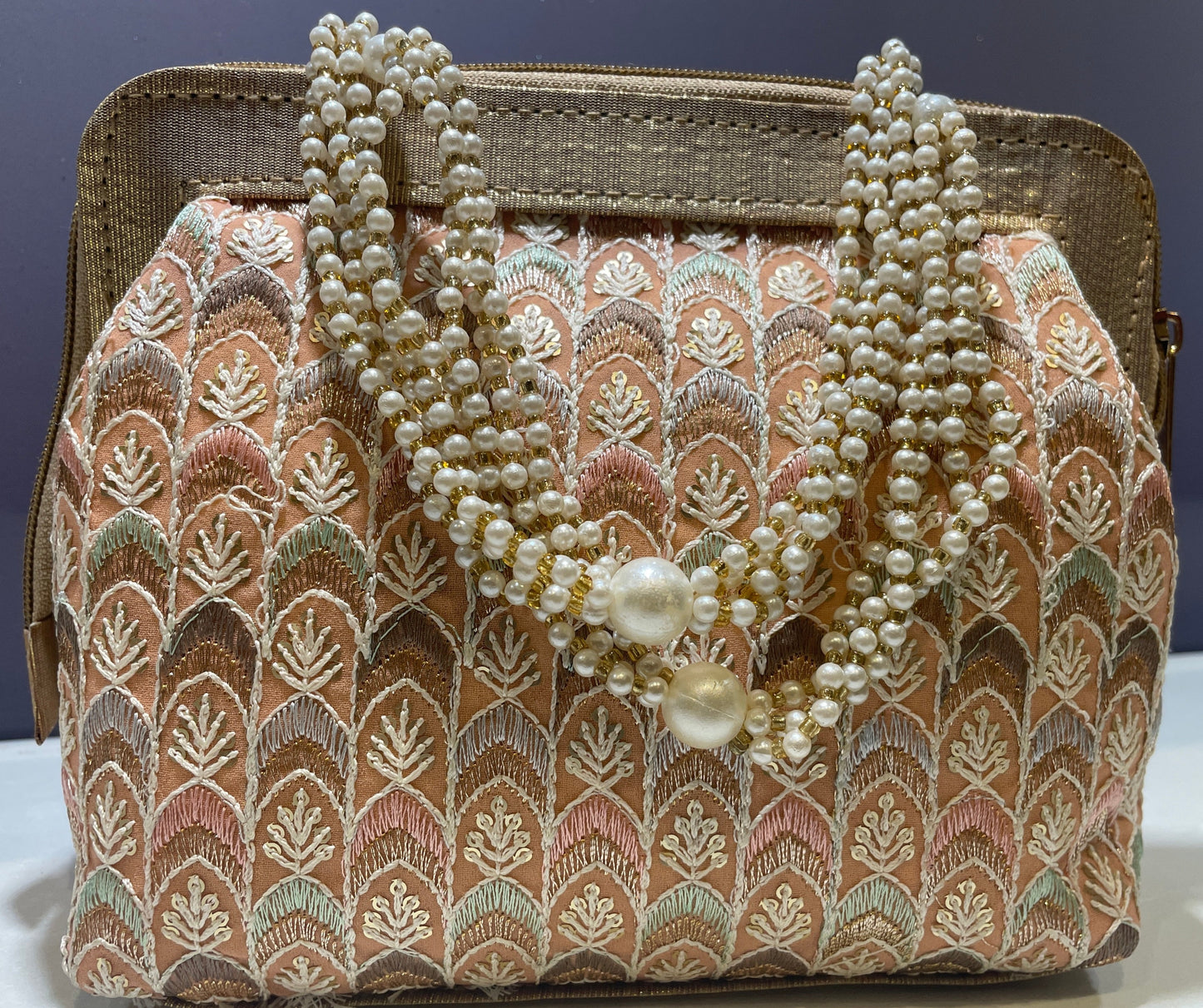 Pink - Silk Traditional Ethnic Potli Bag with Pearl Handle