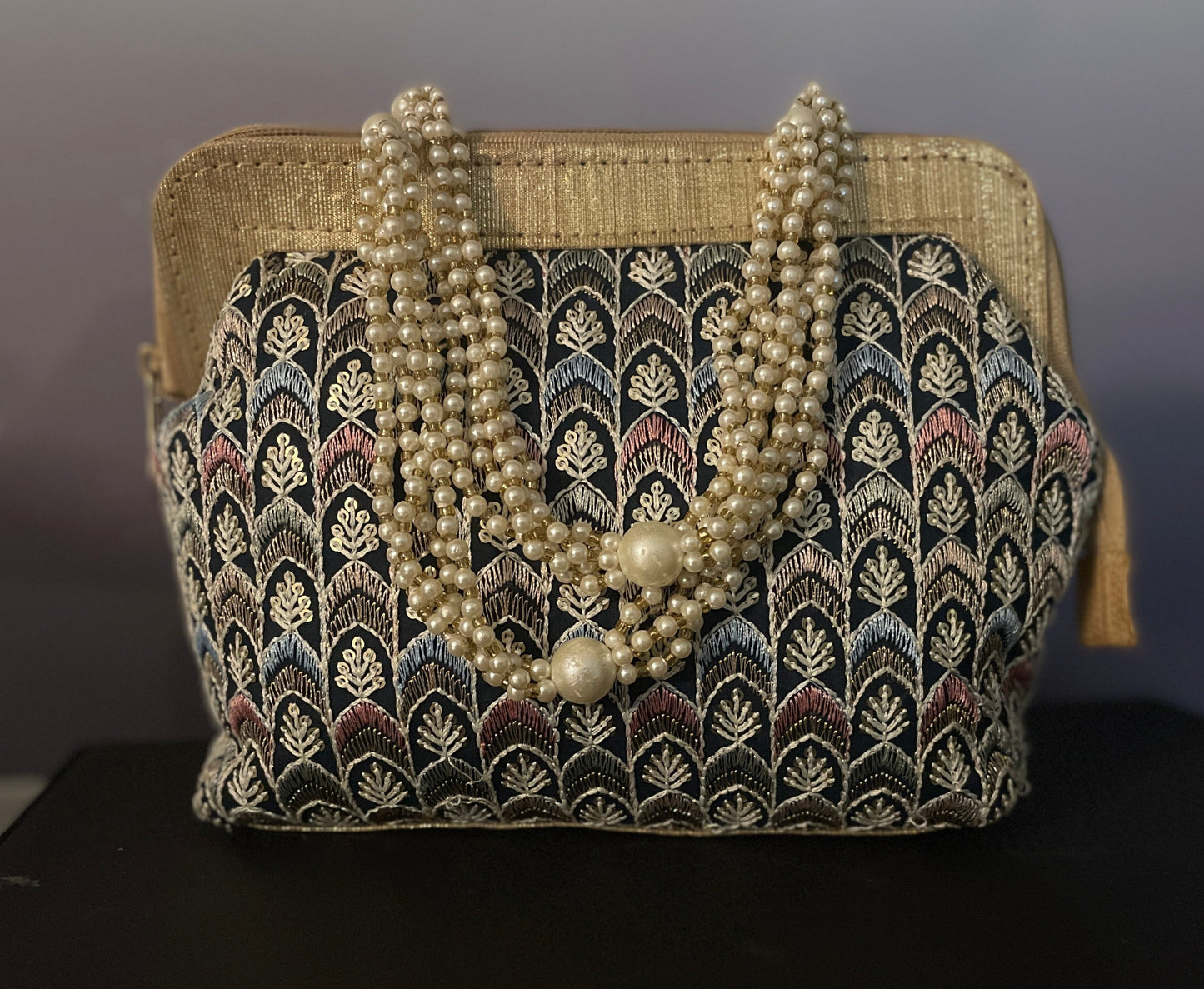Black - Silk Traditional Ethnic Potli Bag with Pearl Handle