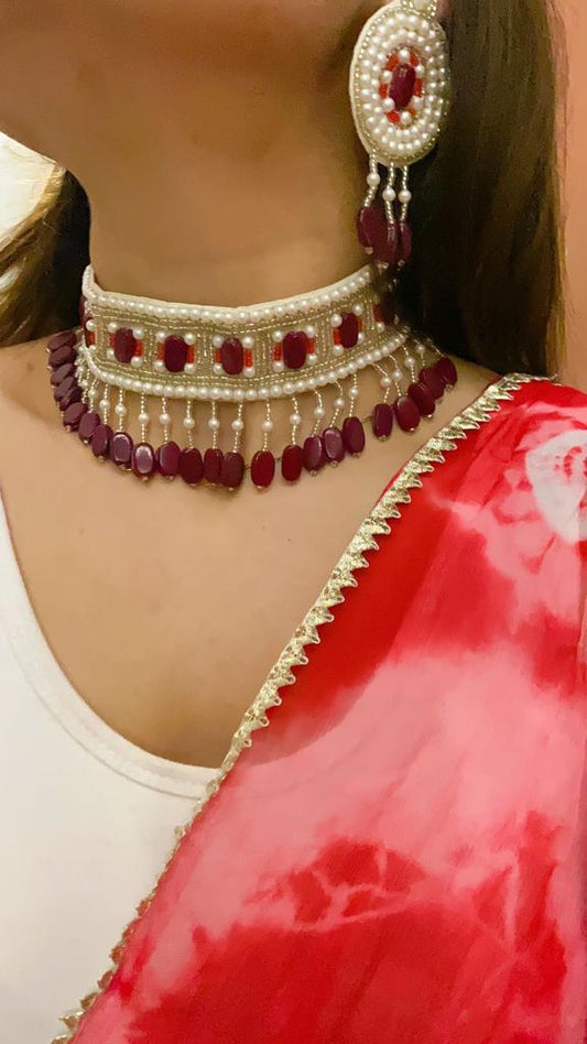 Maroon and white Bead Chokar set Fabric Jewellery