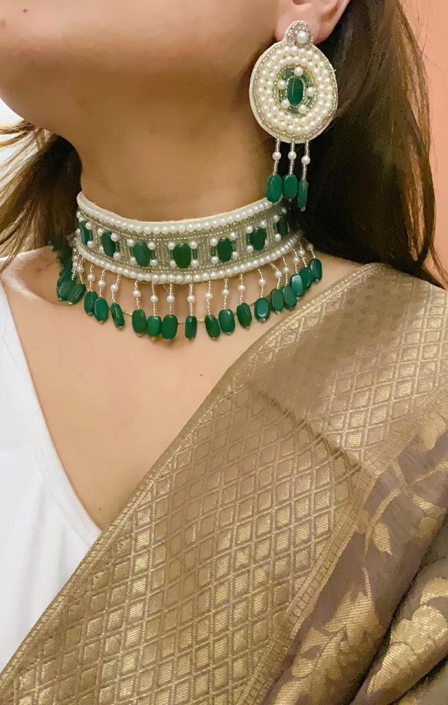Green and white Bead Choker set Fabric Jewellery