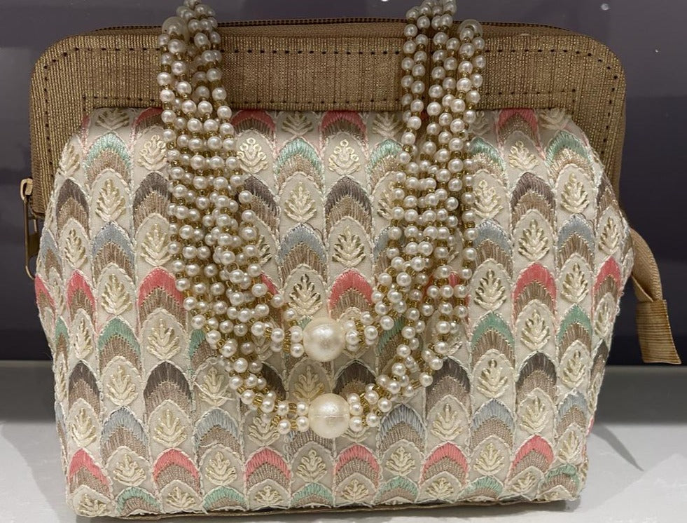 Ivory - Silk Traditional Ethnic Potli Bag with Pearl Handle