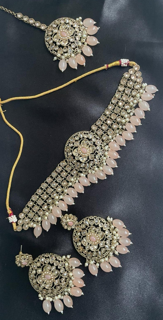 Asees- Kundan Polki Necklace set with Tikka