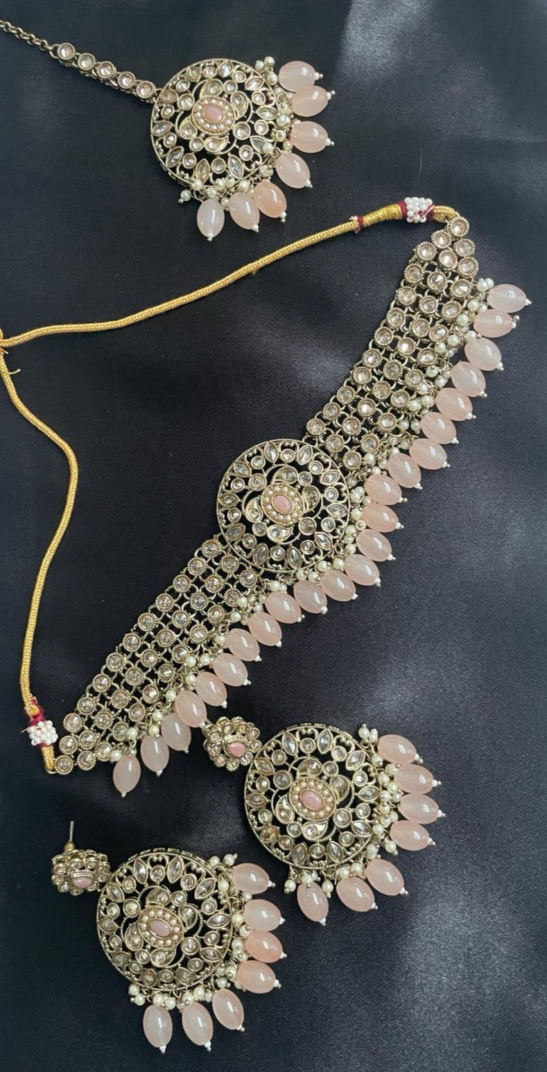 Asees- Kundan Polki Necklace set with Tikka